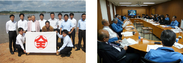 （左）インドネシア カリマンタン島にて　（右）取締役会での発表の模様