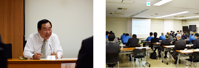 （左）定例会には座長の浅井会長が毎回出席　（右）取締役会での最終発表会