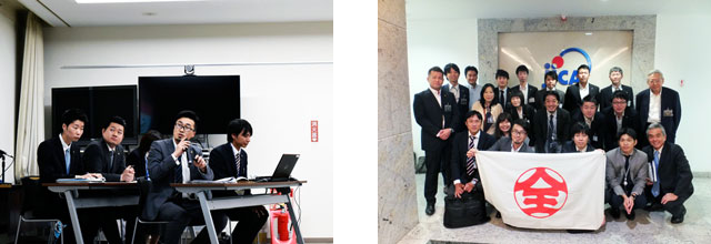 （左）取締役会での発表の模様　（右）海外研修 JICA訪問