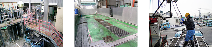 （左）排水処理プラント（中）タンク洗浄スペース油水分離槽（1,000×6室）（右）洗浄作業