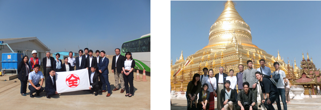 (左）海外研修ティラワ経済特区バルクターミナル建設現場訪問　（右）海外研修ミャンマーバガンの仏教寺院にて